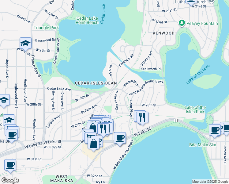 map of restaurants, bars, coffee shops, grocery stores, and more near 3400 Cedar Lake Parkway in Minneapolis