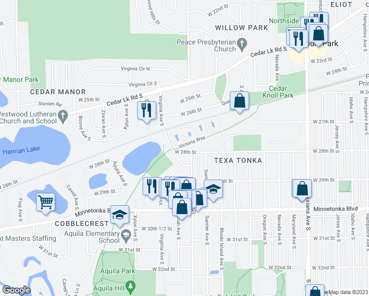 map of restaurants, bars, coffee shops, grocery stores, and more near 8010 Victoria Lane in Minneapolis