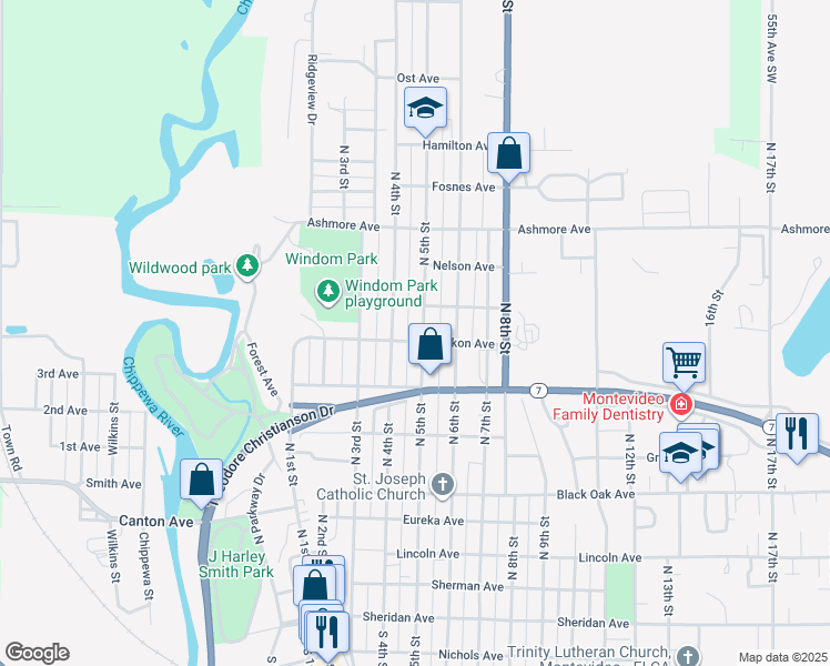 map of restaurants, bars, coffee shops, grocery stores, and more near 824 North 4th Street in Montevideo