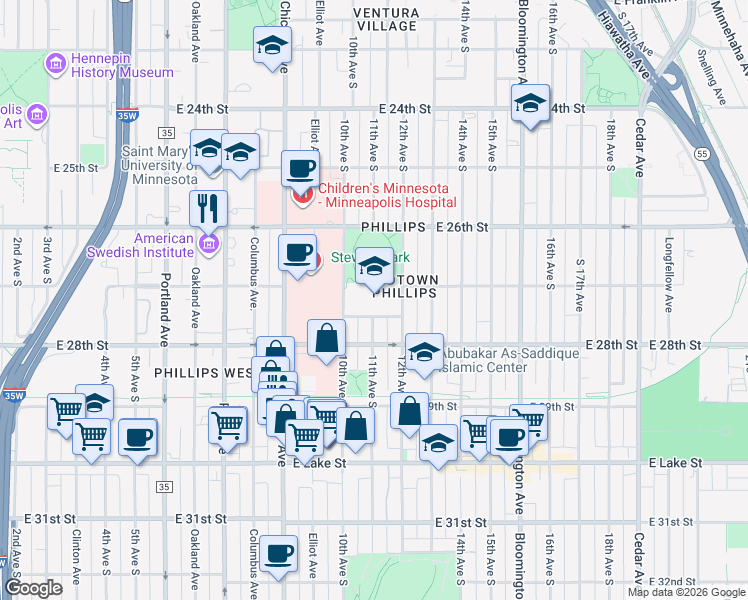 map of restaurants, bars, coffee shops, grocery stores, and more near 2727 10th Avenue South in Minneapolis