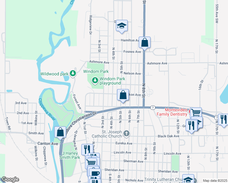 map of restaurants, bars, coffee shops, grocery stores, and more near 824 North 4th Street in Montevideo