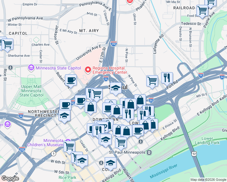 map of restaurants, bars, coffee shops, grocery stores, and more near 572 Wacouta Street in Saint Paul