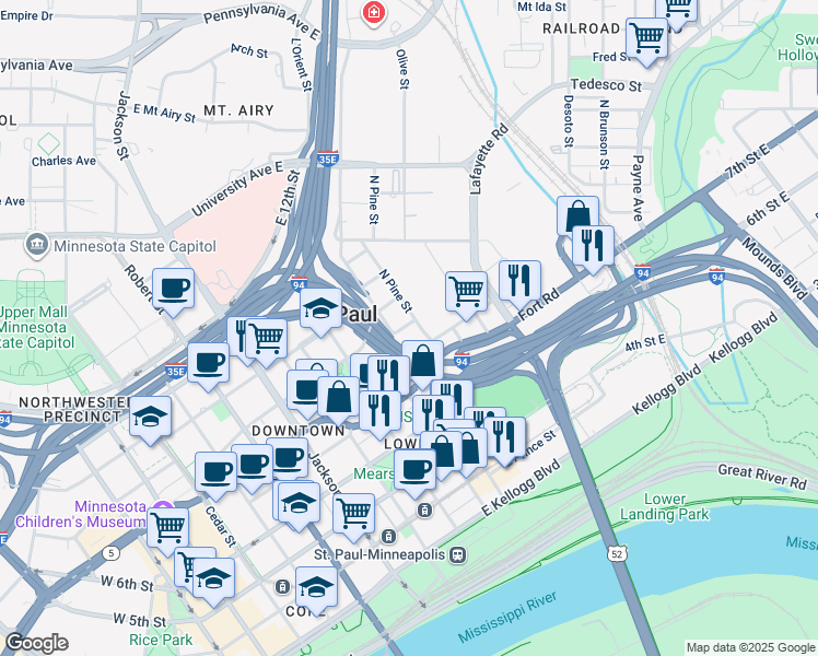 map of restaurants, bars, coffee shops, grocery stores, and more near 330 9th St E in St Paul
