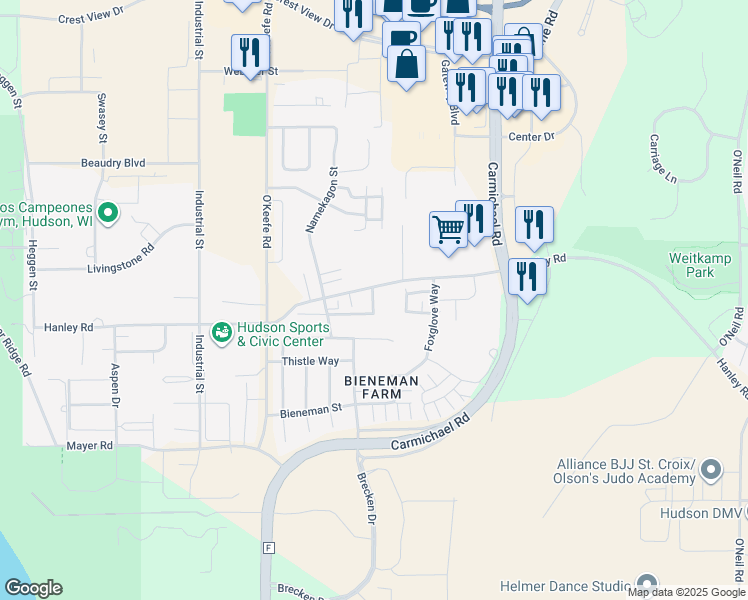 map of restaurants, bars, coffee shops, grocery stores, and more near 2220 Hanley Road in Hudson