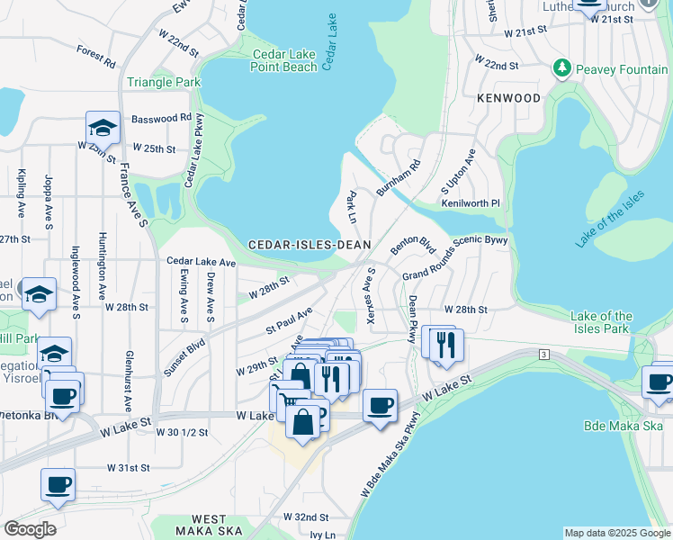 map of restaurants, bars, coffee shops, grocery stores, and more near 2601 Sunset Boulevard in Minneapolis