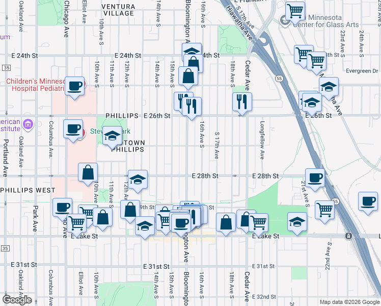map of restaurants, bars, coffee shops, grocery stores, and more near 2705 Bloomington Avenue in Minneapolis