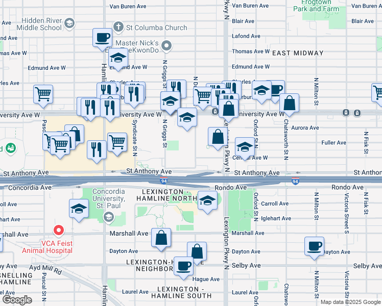 map of restaurants, bars, coffee shops, grocery stores, and more near 409 North Dunlap Street in Saint Paul