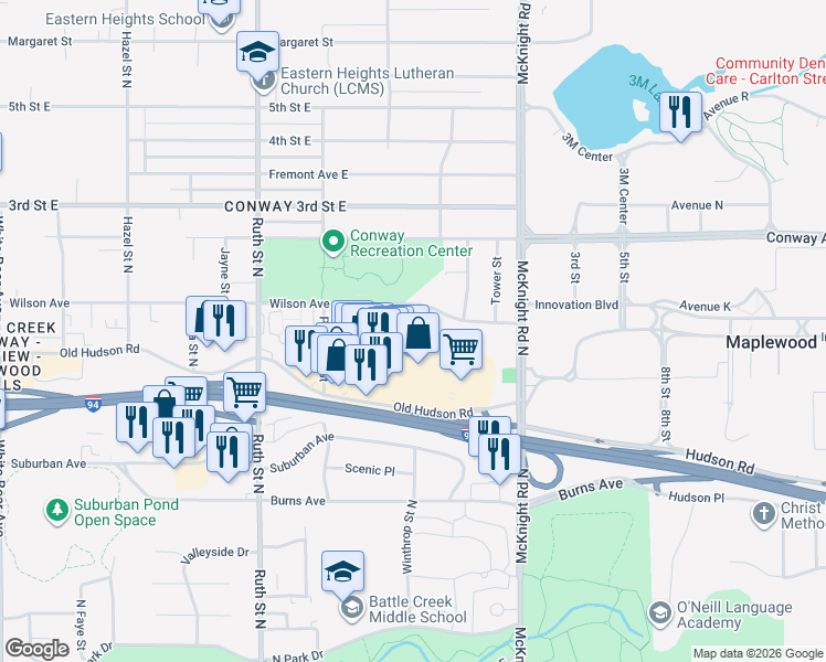 map of restaurants, bars, coffee shops, grocery stores, and more near 2150 Wilson Ave in St Paul