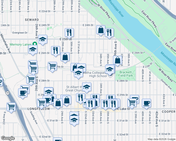 map of restaurants, bars, coffee shops, grocery stores, and more near Midtown Greenway Trail in Minneapolis