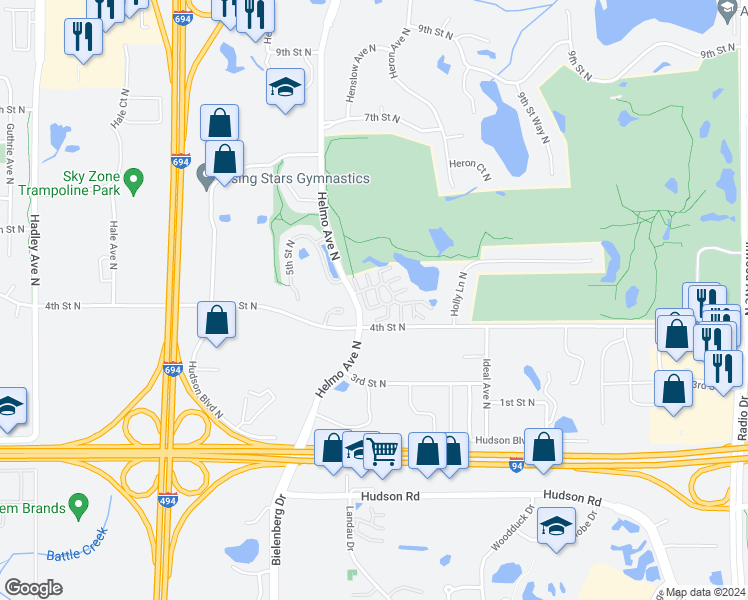 map of restaurants, bars, coffee shops, grocery stores, and more near 450 Hickory Lane North in Oakdale