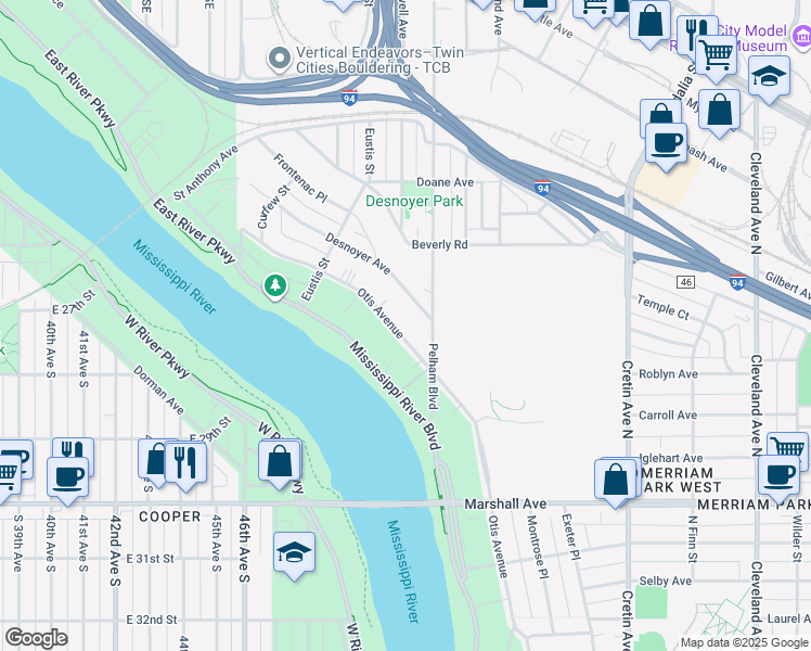 map of restaurants, bars, coffee shops, grocery stores, and more near 435 Desnoyer Avenue in Saint Paul