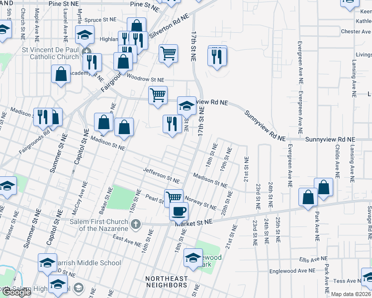 map of restaurants, bars, coffee shops, grocery stores, and more near 1630 Grant Street Northeast in Salem