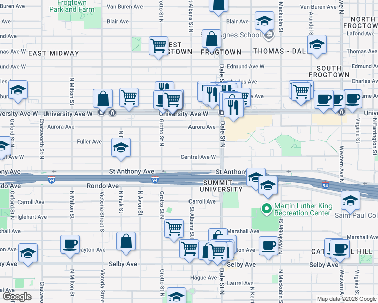 map of restaurants, bars, coffee shops, grocery stores, and more near 405 Saint Albans Street North in Saint Paul
