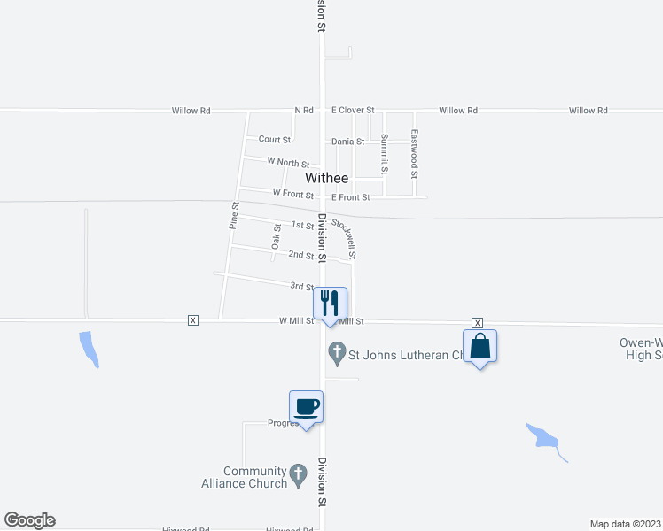 map of restaurants, bars, coffee shops, grocery stores, and more near 504 Division Street in Withee