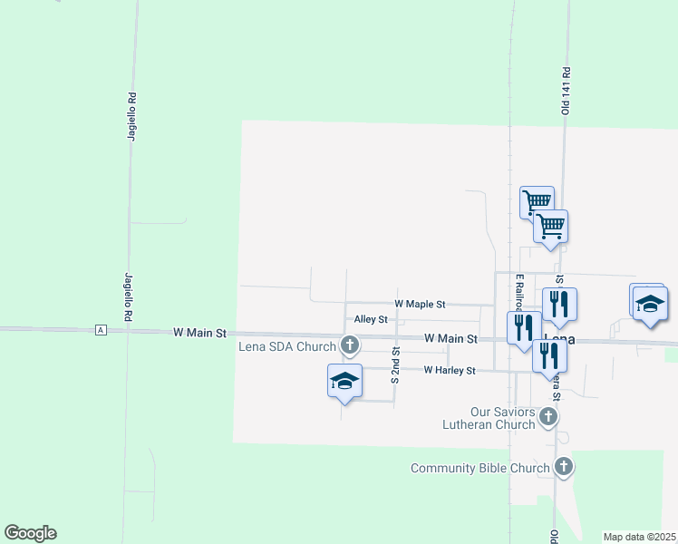 map of restaurants, bars, coffee shops, grocery stores, and more near 205 North 3rd Street in Lena