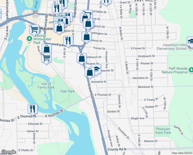 map of restaurants, bars, coffee shops, grocery stores, and more near 415 Seymour Street in Wausau