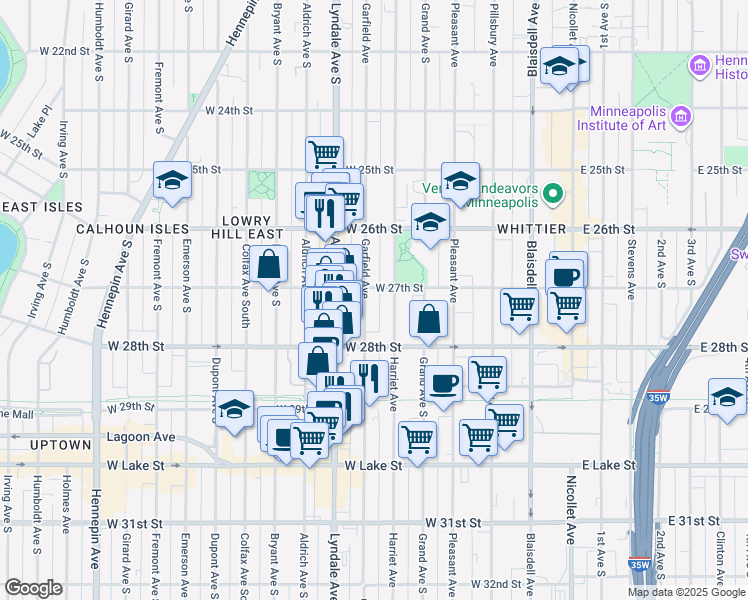 map of restaurants, bars, coffee shops, grocery stores, and more near 519 West 27th Street in Minneapolis
