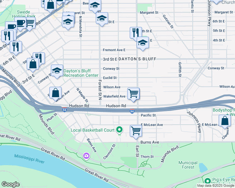 map of restaurants, bars, coffee shops, grocery stores, and more near 995 Wakefield Avenue in Saint Paul