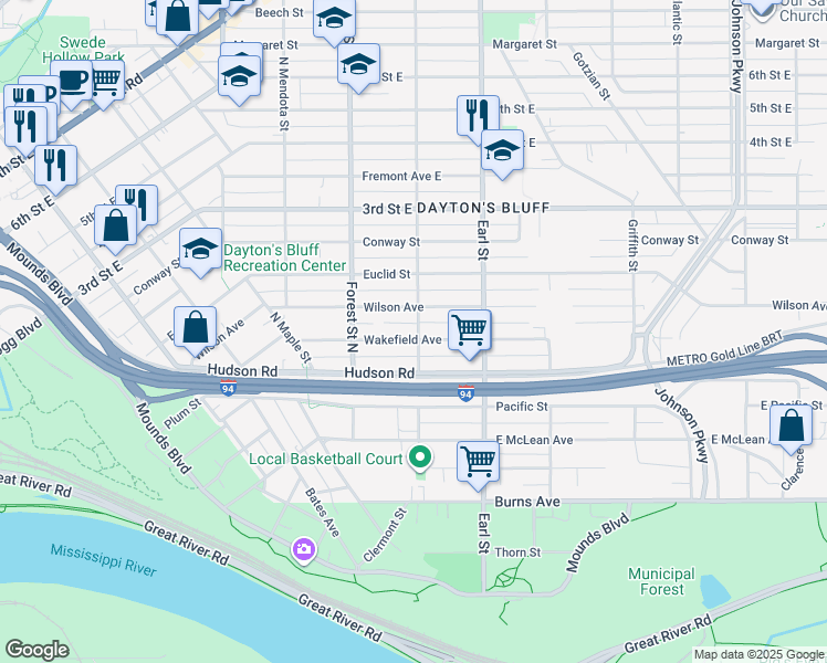 map of restaurants, bars, coffee shops, grocery stores, and more near 995 Wakefield Avenue in Saint Paul