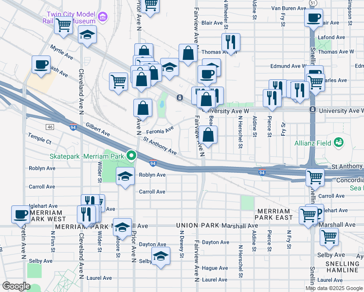 map of restaurants, bars, coffee shops, grocery stores, and more near 400 North Dewey Street in Saint Paul