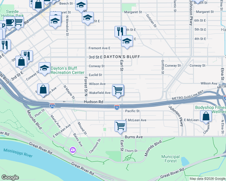 map of restaurants, bars, coffee shops, grocery stores, and more near 1027 Wakefield Avenue in Saint Paul