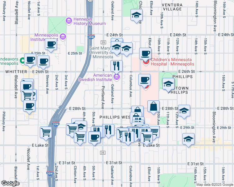 map of restaurants, bars, coffee shops, grocery stores, and more near 2700 Park Avenue in Minneapolis