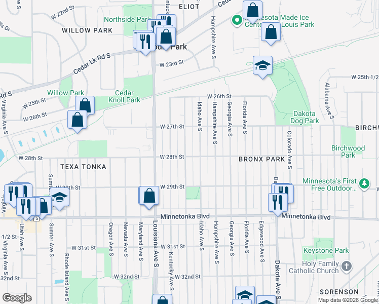 map of restaurants, bars, coffee shops, grocery stores, and more near 2744 Idaho Avenue South in Minneapolis