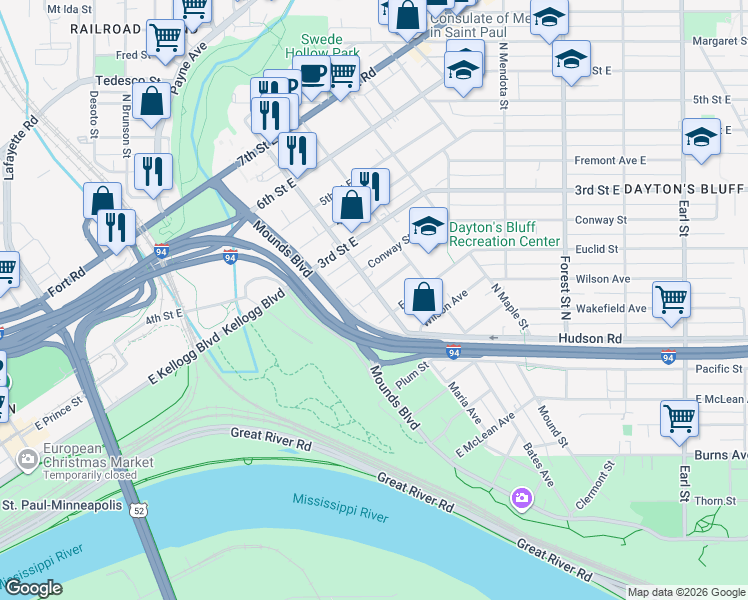 map of restaurants, bars, coffee shops, grocery stores, and more near 257 Maria Avenue in Saint Paul