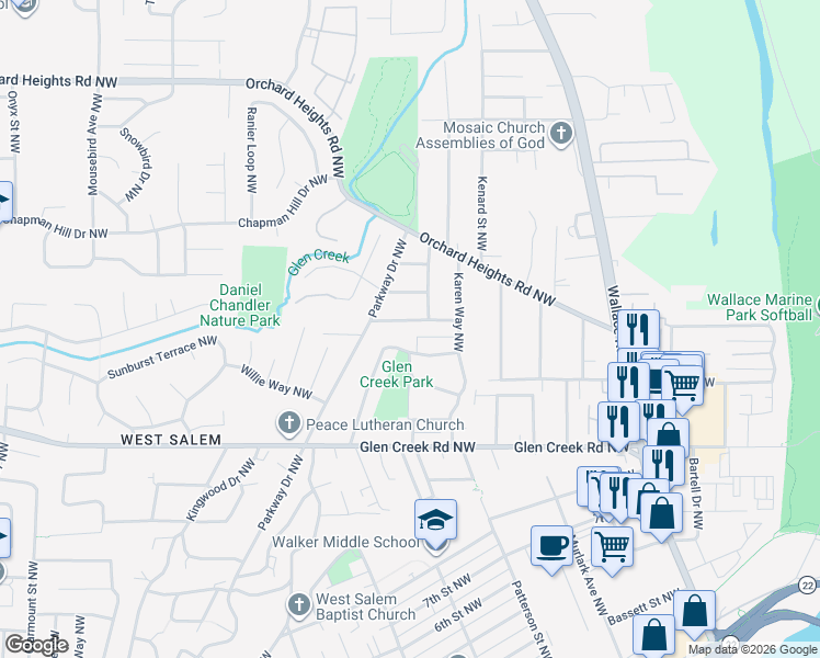 map of restaurants, bars, coffee shops, grocery stores, and more near 1070 Larkspur Lane Northwest in Salem