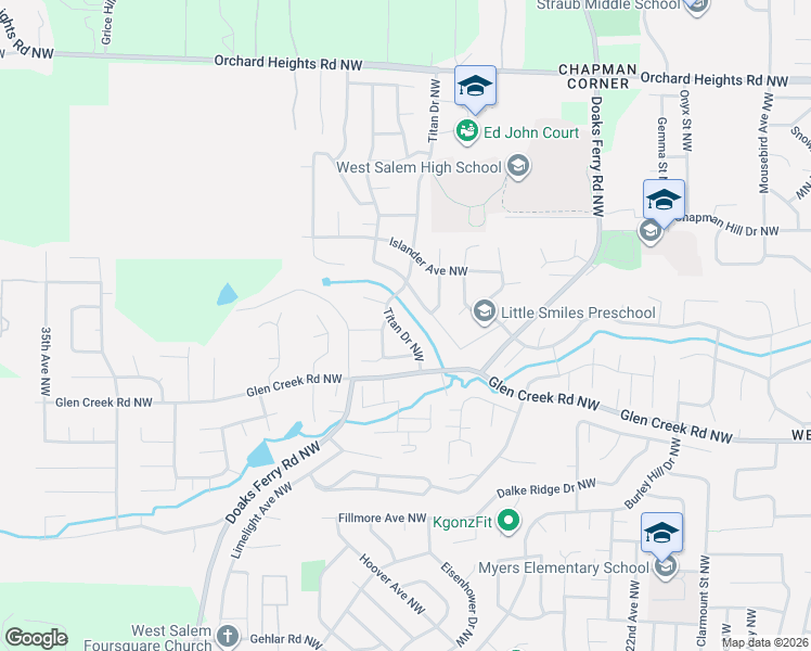 map of restaurants, bars, coffee shops, grocery stores, and more near 1360 Titan Drive Northwest in Salem