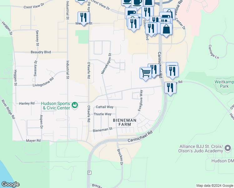 map of restaurants, bars, coffee shops, grocery stores, and more near 2226 Hanley Road in Hudson