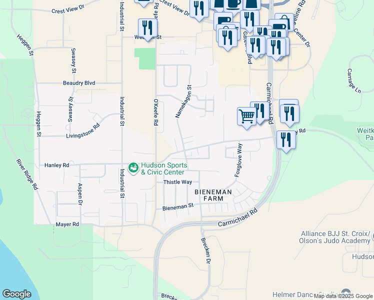 map of restaurants, bars, coffee shops, grocery stores, and more near 2204 Hanley Road in Hudson