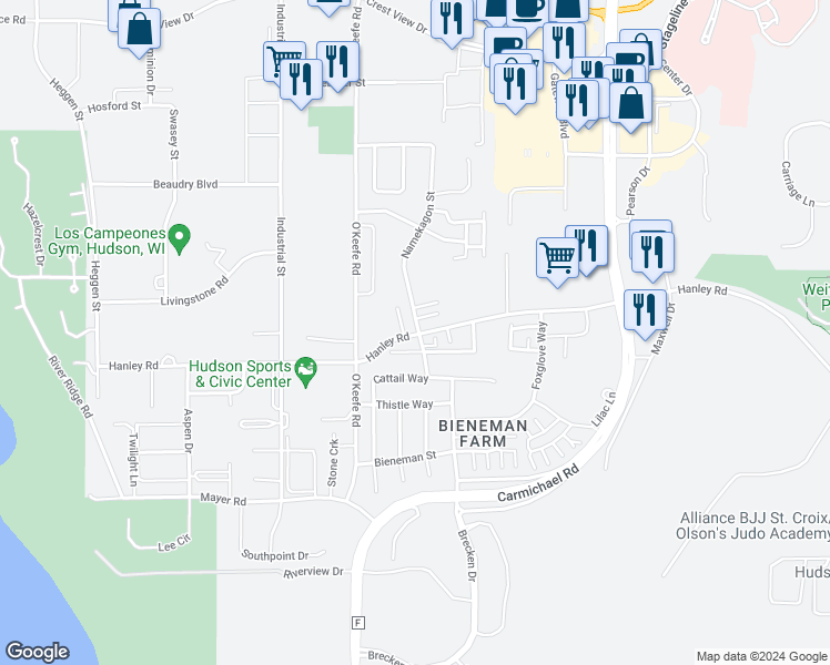 map of restaurants, bars, coffee shops, grocery stores, and more near 2204 Hanley Road in Hudson