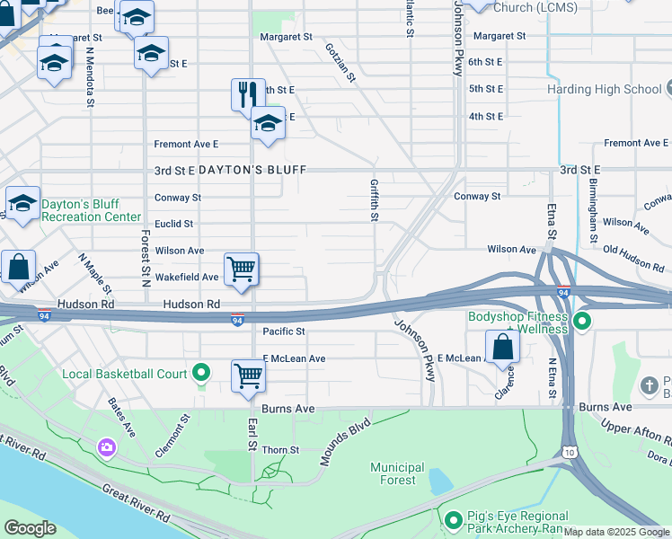 map of restaurants, bars, coffee shops, grocery stores, and more near 1146 Wilson Avenue in Saint Paul