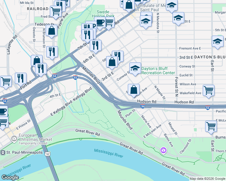 map of restaurants, bars, coffee shops, grocery stores, and more near 652 Conway Street in Saint Paul