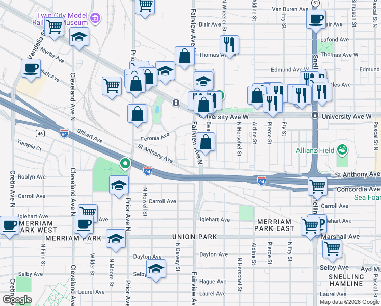 map of restaurants, bars, coffee shops, grocery stores, and more near 401 Fairview Avenue North in Saint Paul