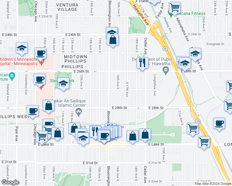 map of restaurants, bars, coffee shops, grocery stores, and more near 2705 Bloomington Avenue in Minneapolis