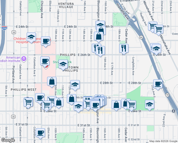 map of restaurants, bars, coffee shops, grocery stores, and more near 2701 South 15th Avenue in Minneapolis