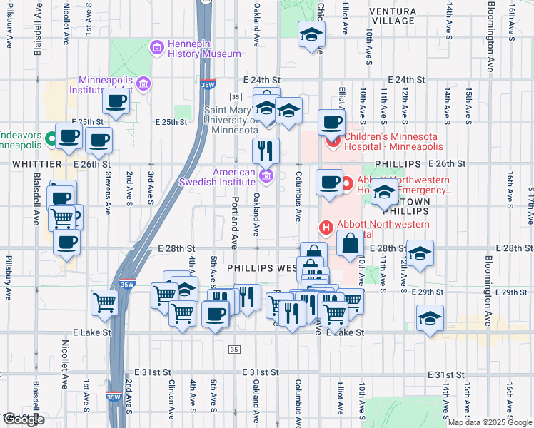 map of restaurants, bars, coffee shops, grocery stores, and more near 2700 Park Avenue in Minneapolis