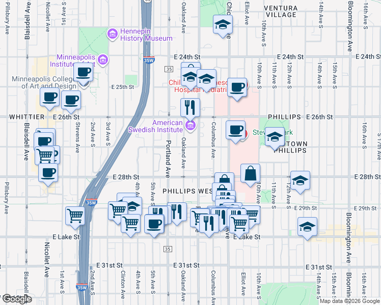 map of restaurants, bars, coffee shops, grocery stores, and more near 2700 Park Avenue in Minneapolis