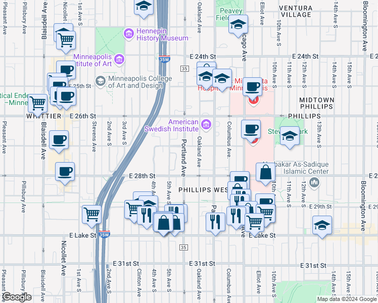 map of restaurants, bars, coffee shops, grocery stores, and more near in Minneapolis