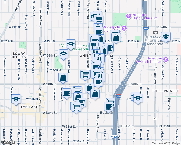 map of restaurants, bars, coffee shops, grocery stores, and more near 19 West 27th Street in Minneapolis