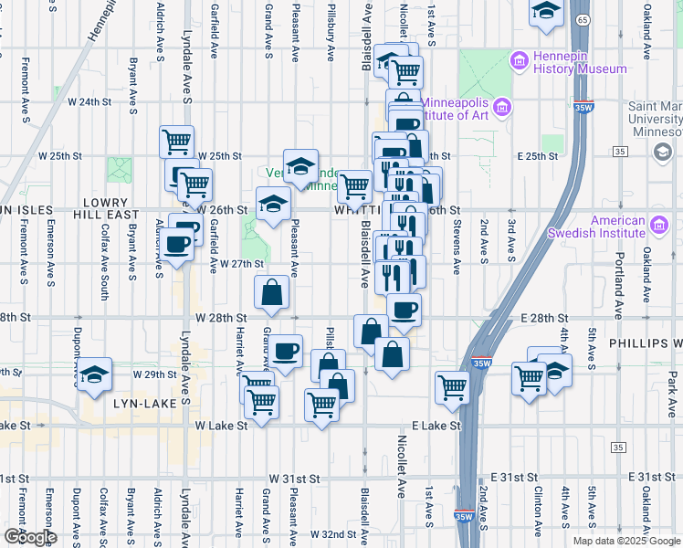 map of restaurants, bars, coffee shops, grocery stores, and more near 115 West 27th Street in Minneapolis