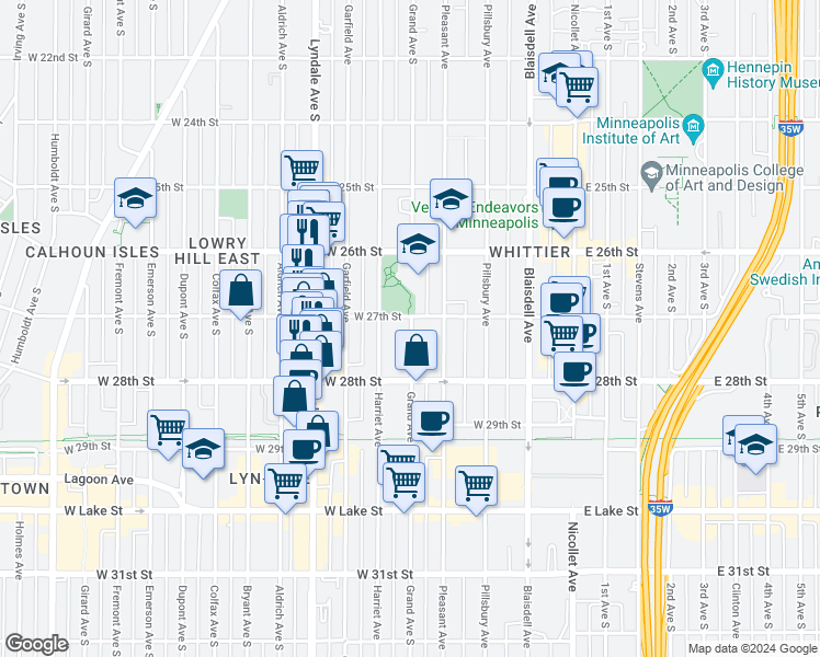 map of restaurants, bars, coffee shops, grocery stores, and more near 2703 Harriet Avenue in Minneapolis