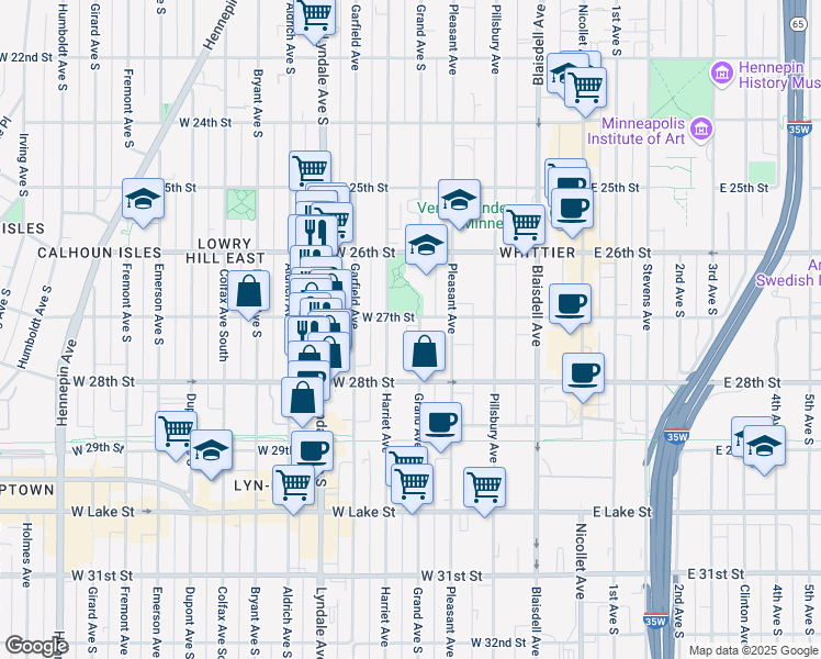 map of restaurants, bars, coffee shops, grocery stores, and more near 2703 Harriet Avenue in Minneapolis