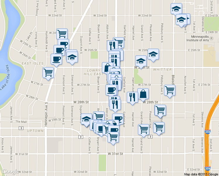map of restaurants, bars, coffee shops, grocery stores, and more near 2700 Aldrich Avenue South in Minneapolis