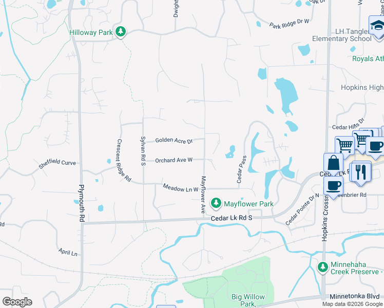 map of restaurants, bars, coffee shops, grocery stores, and more near 12100 Orchard Avenue West in Hopkins