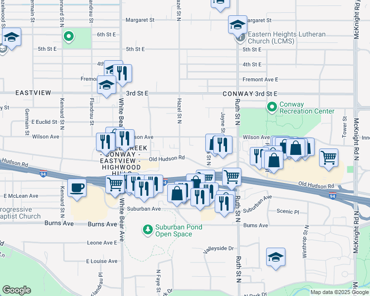 map of restaurants, bars, coffee shops, grocery stores, and more near 396 Hazel Street North in Saint Paul