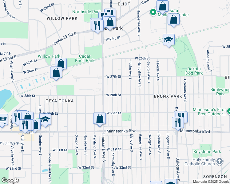 map of restaurants, bars, coffee shops, grocery stores, and more near 2747 Kentucky Avenue South in Minneapolis