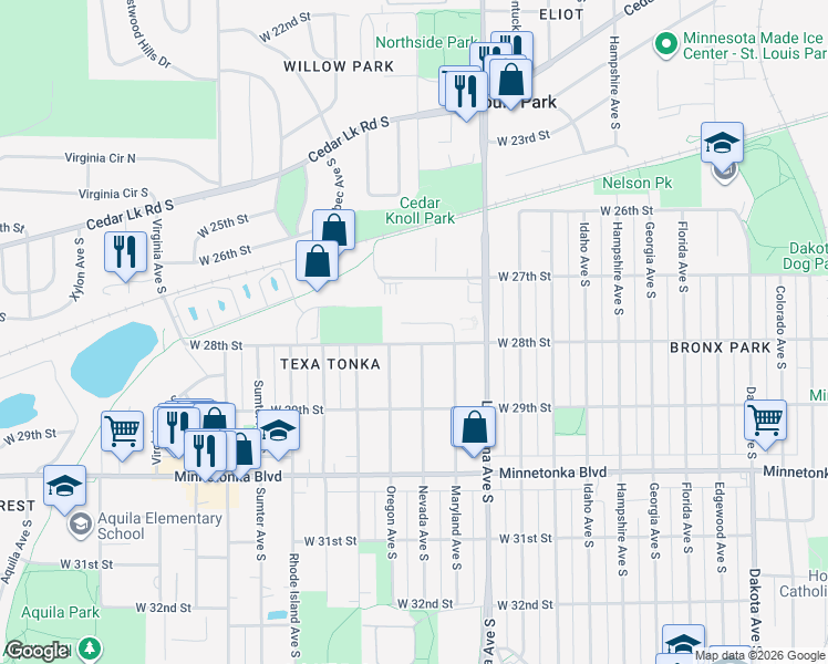 map of restaurants, bars, coffee shops, grocery stores, and more near 2753 Louisiana Court in St. Louis Park